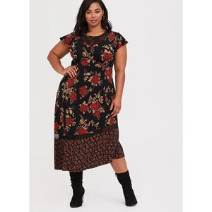 Torrid Floral Midi Studio Knit Asymmetrical Dress 2X Black Multi Floral